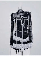 Original Design Punk Rock Cross Patch Long Sleeve Slash Tshirt Gothic Women Subculture Lace Ruffled Holloween Tee Tops Clothing SS69