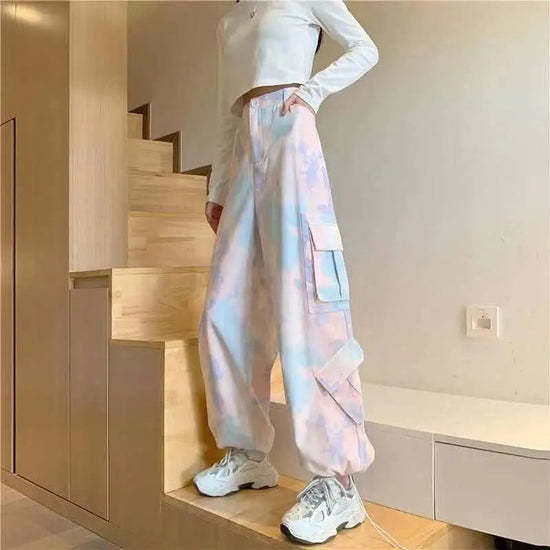 Women Harajuku Tie Dye Cargo Pants Spring Summer New Korean Fashion Streetwear High Waist Loose Versatile Sports Casual Trousers SS69 36.69 Multicolor / M