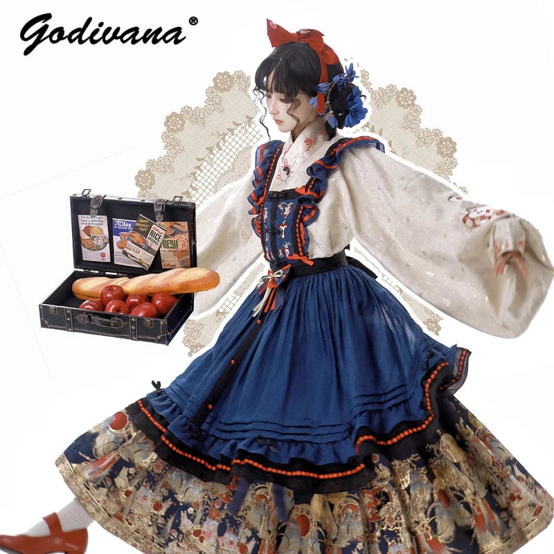 New Spring Chinese Style Female Long-sleeved Weaving Gold Hanfu Dress Set Suit Retro Top Suspender Dress and Pleated Skirt Set