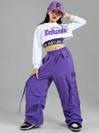 Girls K-Pop Street Dance Outfit: Purple Crop Top & Cargo Pants