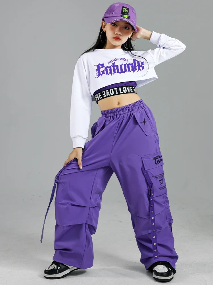 Girls K-Pop Street Dance Outfit: Purple Crop Top & Cargo Pants