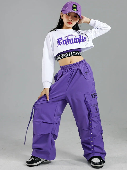 Children Street Dance Outfits Kids Streetwear Group Jazz Clothes Sets Hip Hop Girls Fashion K-pop Crop Top Purple Cargo Pants