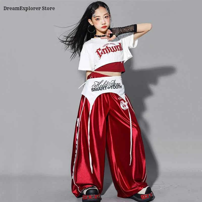 Girls K-pop Crop Top Shiny Joggers Pants Children Streetwear Girl Group Costume Kids Teen Hip Hop Jazz Street Dance Clothes Sets