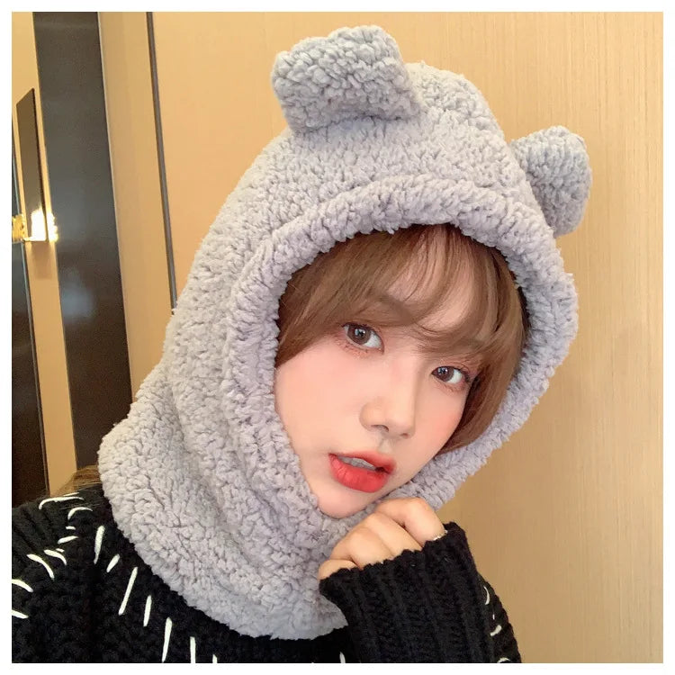 Winter Cartoon Hat With Mask Bear Lamb Beanie Hats Warm Thickened Ear Protection Skullies Beanies for Women Girl Kawaii SS69