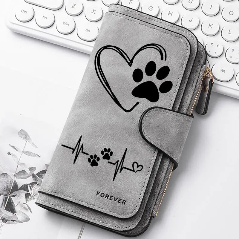 ZeAiLi Long PU Leather Clutch Wallet with Animal Paw and Butterfly Print