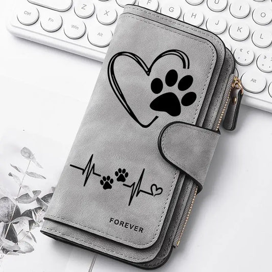 ZeAiLi Long PU Leather Clutch Wallet with Animal Paw and Butterfly Print