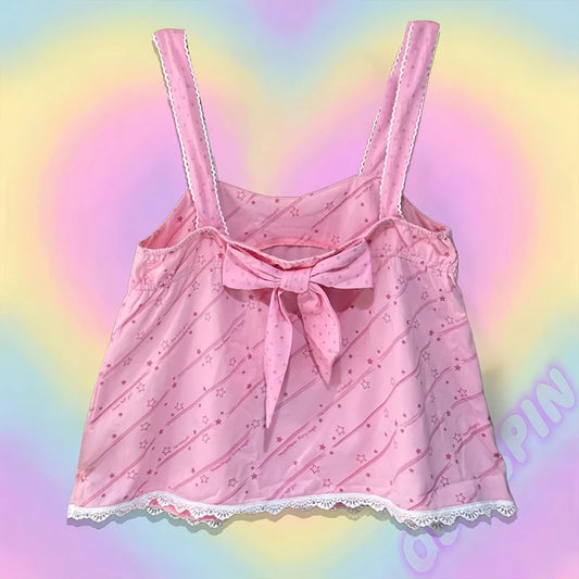 Y2K Women clothing Sweet Tanks Summer 2025 Cute Bow Strap Vest Casual Cartoon Print Camis Fashion Y2k Crop Suspender Lace Tops - SS69