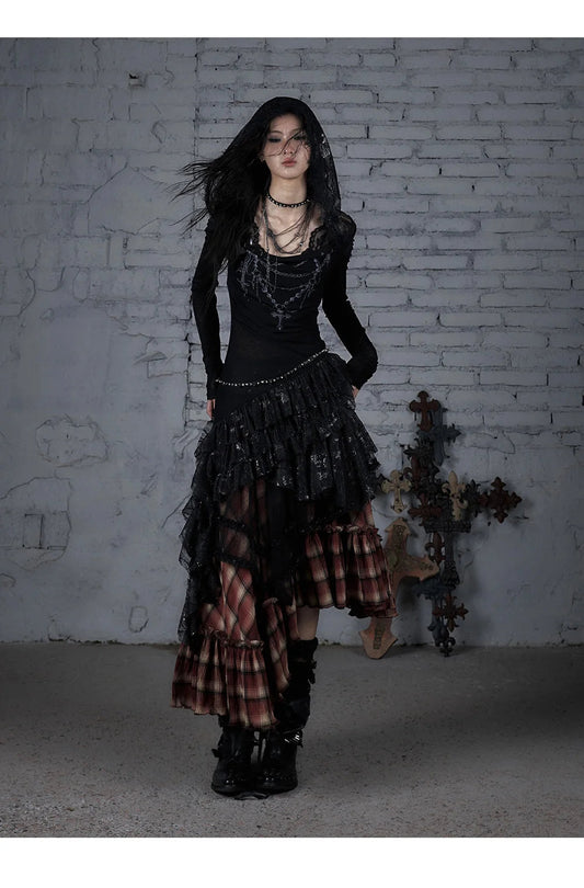 NO ROMANCE Fairy Sexy Punk Printing Half Transparent Lace Patch Knitted Long Sleeve Hooded Dresses Rock Gothic Design Vestidos SS69