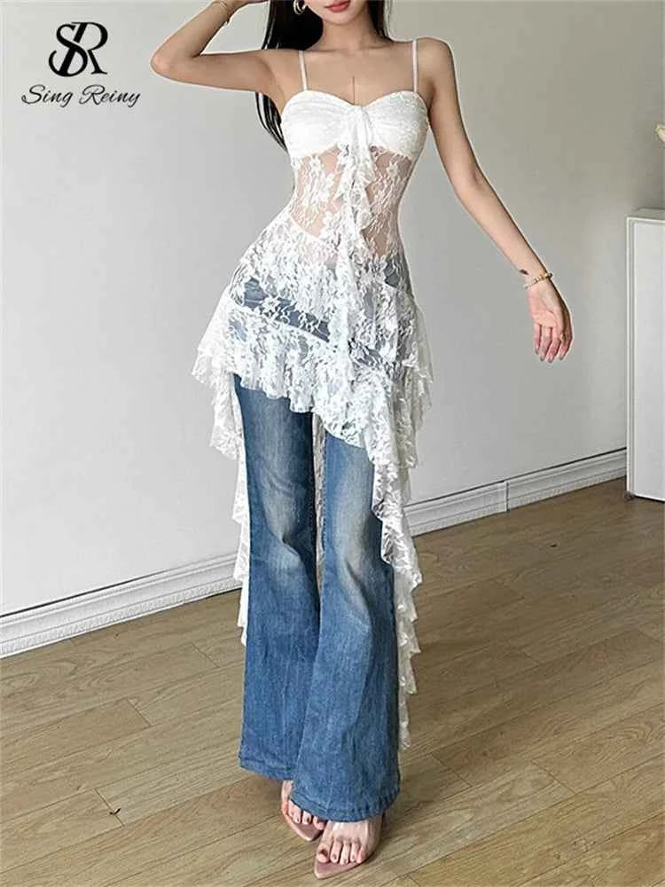 SINGREINY Women Lace Irregular Long Dress Camis Sheath Sensual Sheer Dress Fashion Streetwear Hollow Out Ruffles Sexy Dresses