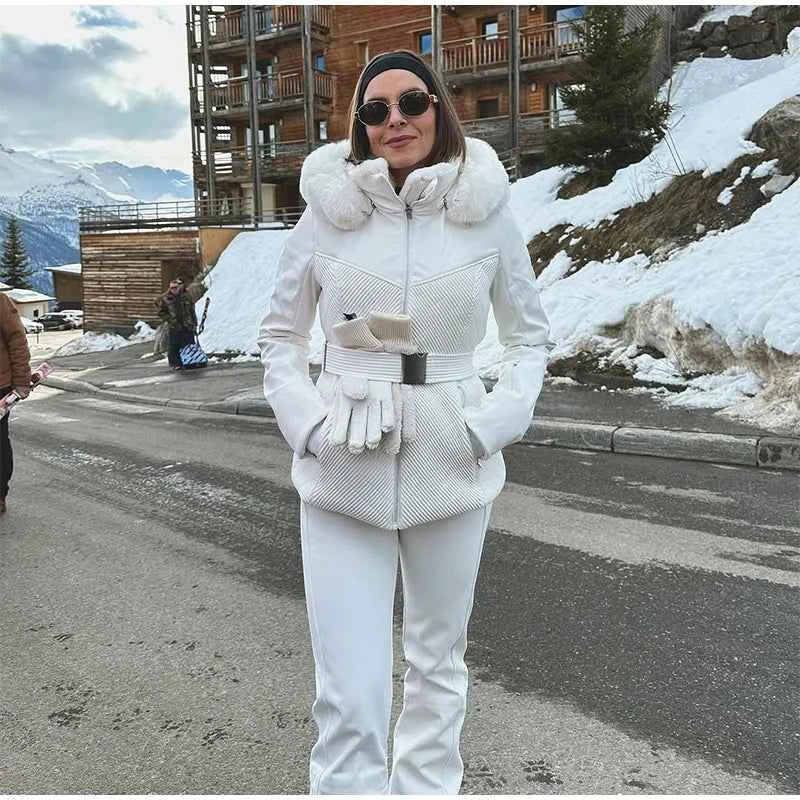 Fashion Solid Warm Ski Suit Women's Hood Fur Trim Full Sleeves Belt Coats High Waist Pants 2025 Winter Lady Windproof Tracksuit