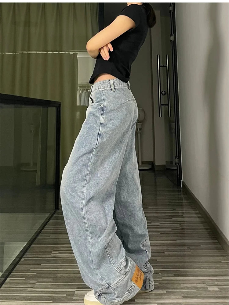 Ins Fashion American Retro Baggy High Waisted Jeans Woman High Street Denim Pants Reversible Trousers Streetwear Loose Jeans SS69