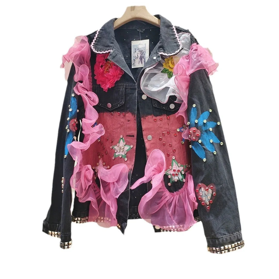 Graffiti Sequins Lace Diamonds Beaded Mesh Splice Ruffles Denim Coat Loose Rivets Jeans Jacket Cardigan Rhinestones Cowboy Tops SS69