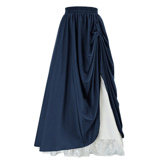 Women Double Victorian Renaissance Lace Half Skirt 2024 Women's Solid Color Draped Pleated Vintage Renaissance Skirt SS69