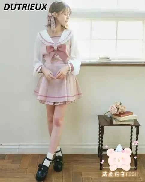 Japanese Style Women's Outfits Sailor Collar Plaid Rhinestone Bow Dress Shorts Set Sweet Lolita Mine Series Dress Two-Piece Suit