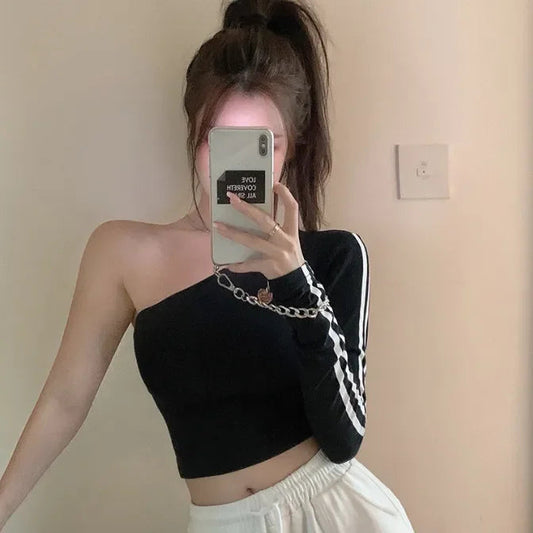 2025 Ropa Mujer Sexy Tshirts Women Off Shoulder Long Sleeve Tunic Black Tees Chic Casual T Shirt Summer Harajuku Y2k Crop Tops SS69 14.69 black / L