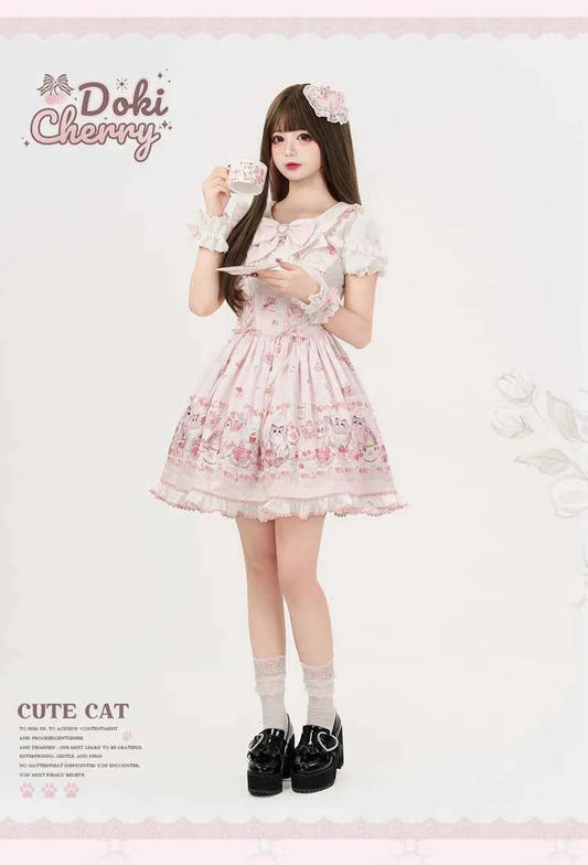 Original New Spring Summer Cute Print Short-sleeved Lolita OP Dress Japanese Sweet Girl Mass-produced Kawaii Bow Short Dresses