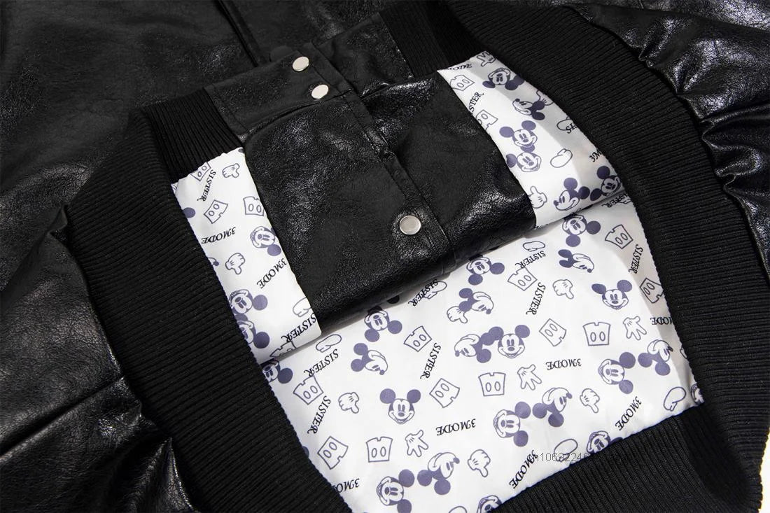 Disney American Cartoon Mickey Embroidery Leather Jacket Men Women Autumn Winter Loose Casual Jacket Fashion Trend Couples Coat SS69