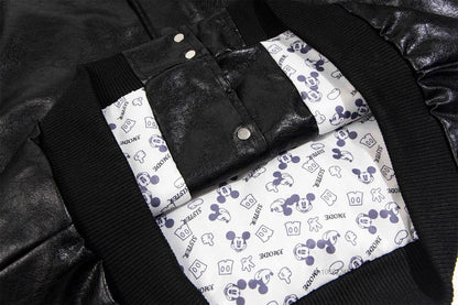 Disney American Cartoon Mickey Embroidery Leather Jacket Men Women Autumn Winter Loose Casual Jacket Fashion Trend Couples Coat SS69