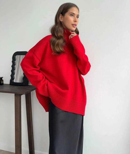 Autumn Women's Knitted Sweater Oversize High Collar Yellow Vintage Pullover Soft Winter Warm Vintage Red Sweaters for Women