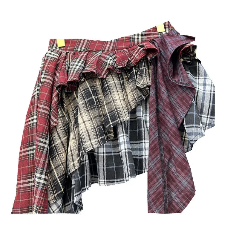 Y2K Harajuku Women's Skirt Irregular Plaid Patchwork Large Size Summer Spice Girl Design A-line Skirt Trendy Pleated Streetwear SS69