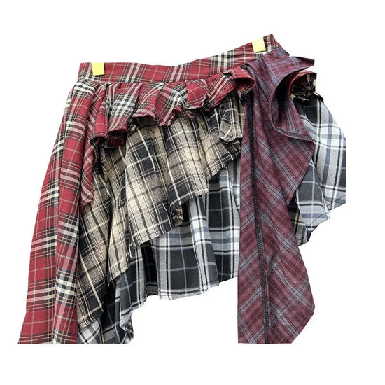 Y2K Harajuku Women's Skirt Irregular Plaid Patchwork Large Size Summer Spice Girl Design A-line Skirt Trendy Pleated Streetwear SS69