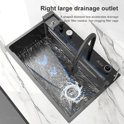BOSX 304 Stainless Steel Kitchen Sink with Waterfall Faucet and Digital Display