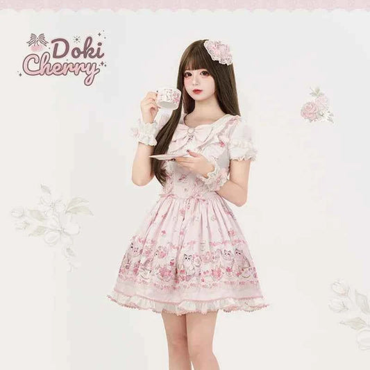 Original New Spring Summer Cute Print Short-sleeved Lolita OP Dress Japanese Sweet Girl Mass-produced Kawaii Bow Short Dresses