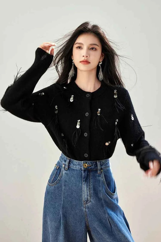 H Han Queen Autumn Simple Basic Black Tasseled Sequins Knitted Coats Cardigan Sweater For Womens Tops Long Sleeve Cardigans