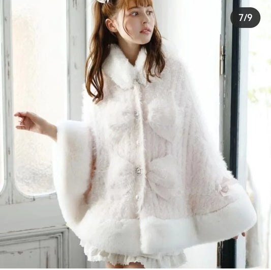 Godivana Lolita Style Faux Rabbit Fur Cape Coat with Bow & Rhinestones - White