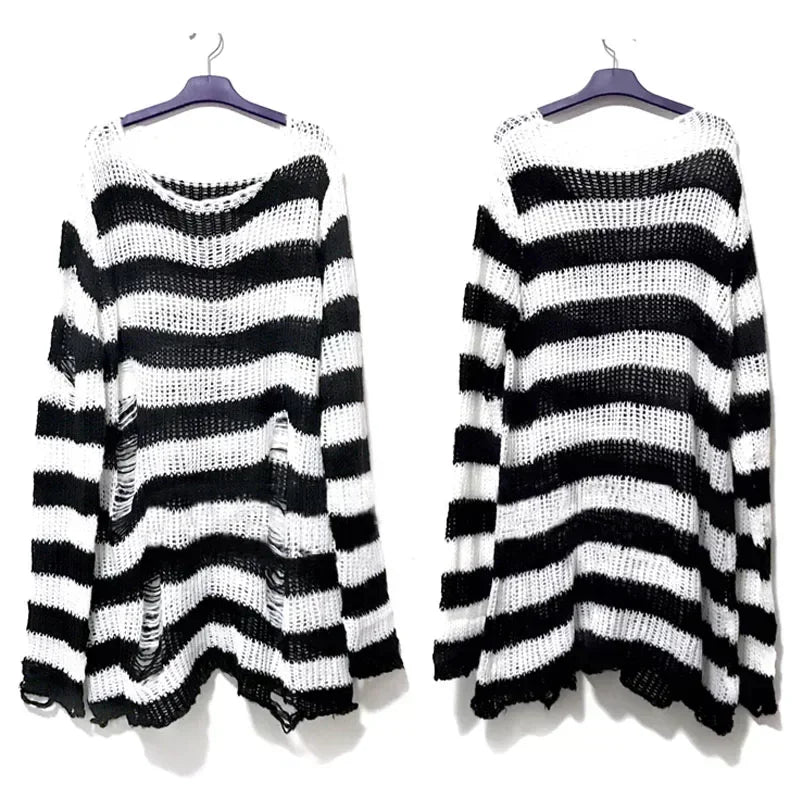 New Women's Punk Gothic Oversized Pullover Sweater Striped Hollow out Cool Harajuku Aesthetics Spring Autumn
