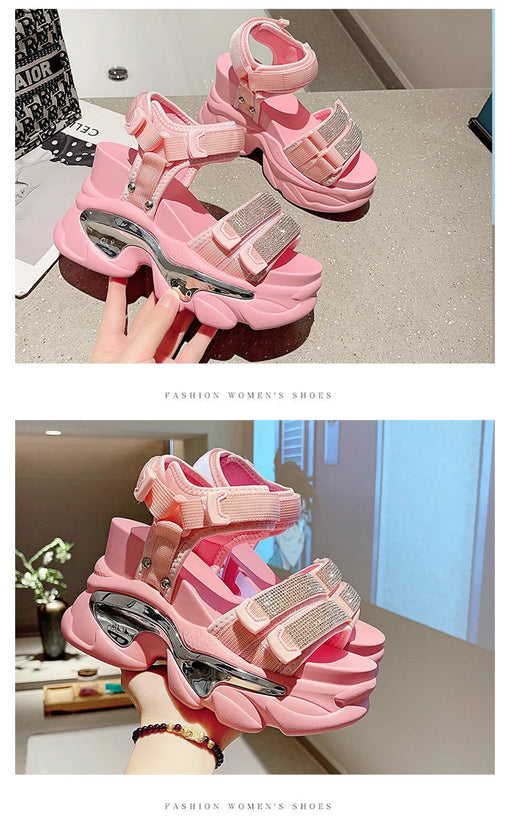 Summer High Platform Women Sandals Buckle 10CM Wedges Bling Shoes Fashion 2023 Outside Chunky Sandals Beach Casual Slides Woman SS69