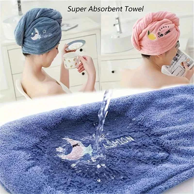 2pc Quick-Dry Super Absorbent Magic Microfiber Hair Drying Towel,Shower Cap & Turban,Soft Polyester Bath Hat with Button Closure
