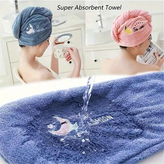 2pc Quick-Dry Super Absorbent Magic Microfiber Hair Drying Towel,Shower Cap & Turban,Soft Polyester Bath Hat with Button Closure