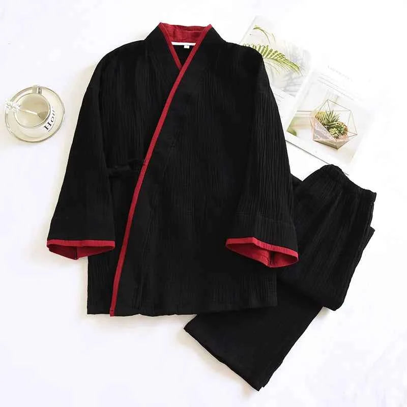 Japanese Style Spring and Autumn Thin Men's Kimono Hanfu Pure Cotton Gauze Pajamas Plus Size Home Steaming Suit