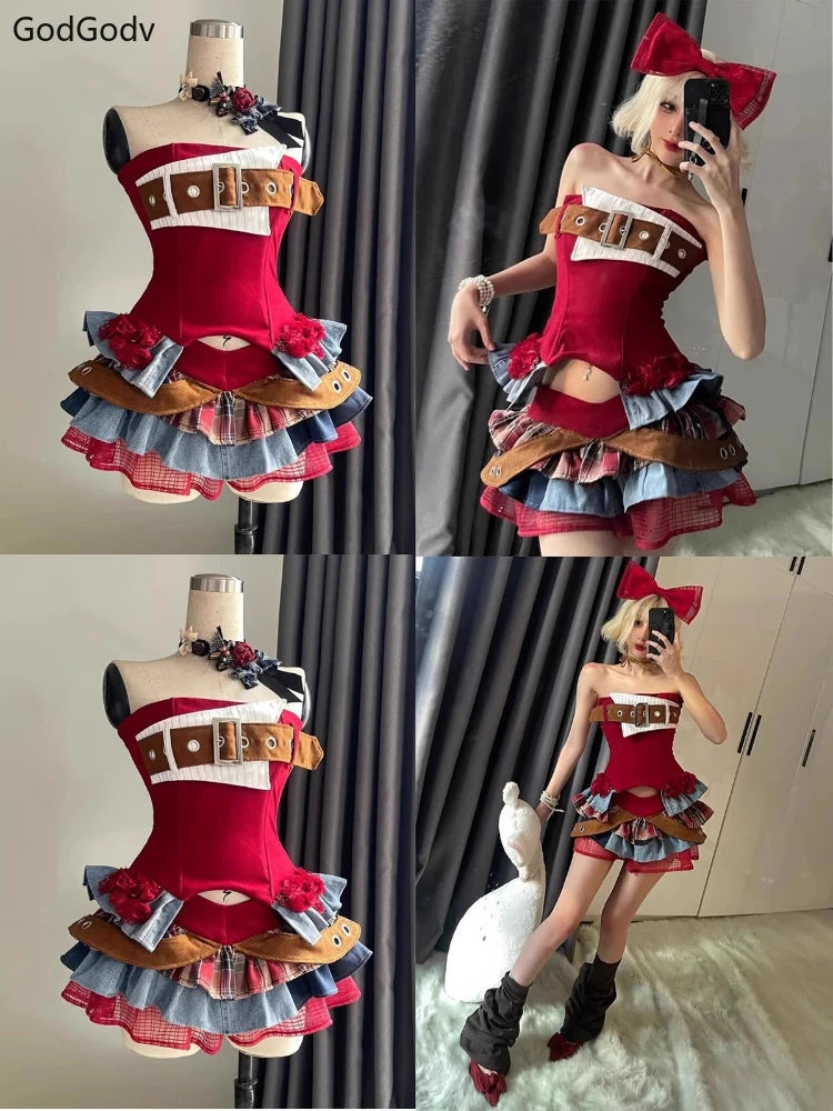 Summer Vintage Elegant Y2K Woman 2 Piece Sets Punk Gothic Strapless Crop Tops +High Waist Ruffle Skirt Female Party Outfits 2025 SS69