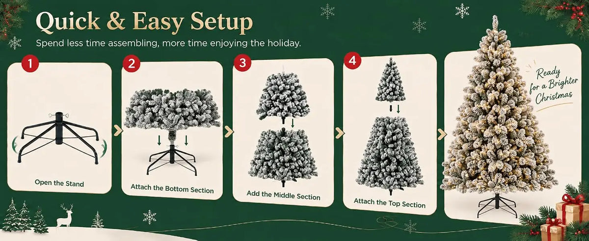 Prelit Artificial Christmas Tree with 100 Lights Snowflake Decorations Hinged PVC Branches Iron Trunk and Folding Metal Stand Green and White Holiday Decor for Living Room Home Christmas Party