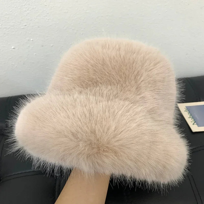Women's Fluffy Faux Rabbit Fur Bucket Hat - Warm Plush Winter Cap