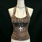 2000s American Vintage Sexy Leopard Camis Y2k Harajuku Slim Lace Patchwork Tanks Summer Streetwear Beach Party Sleeveless Tops