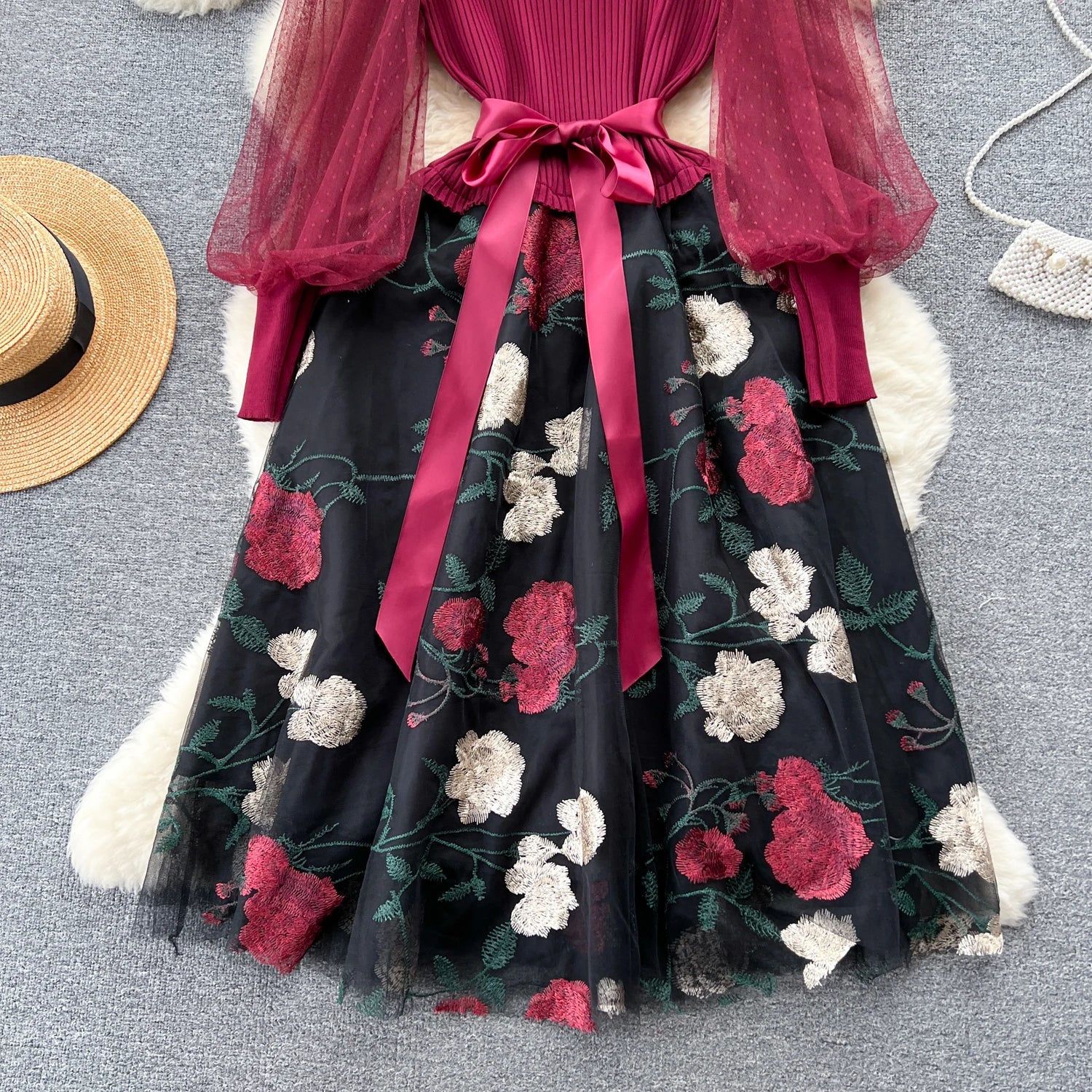 SINGREINY Senior Knitted Patchwork Dress Long Lantern Sleeves Bow Mesh Embroidery Floral Women Autumn France Elegant Party Dress