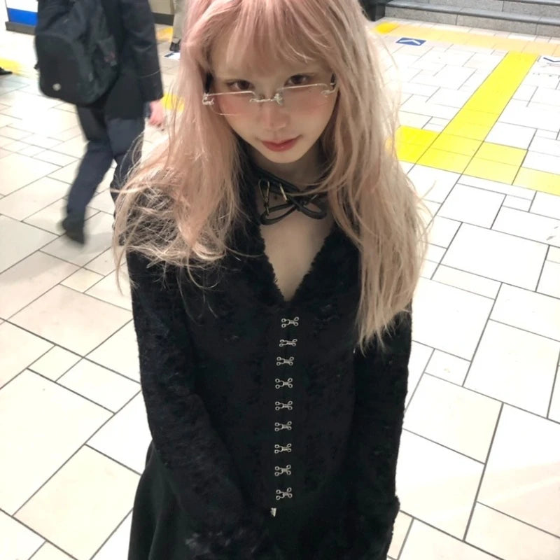 Deeptown Y2k Black Vintage Lace Gothic Women Shirt Harajuku V Neck Hollow Out Long Sleeve Japanese Fashion Blouses Slim Gyaru SS69