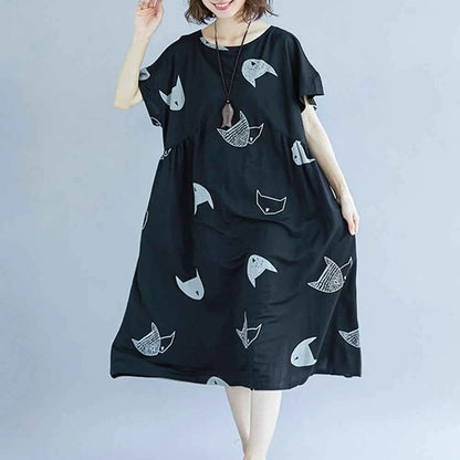 Plus Size Women Loose Dress Cute Cartoon Cat Print O Neck  Short Sleeve Baggy Large Size Oversized Maxi Dress Round Neck