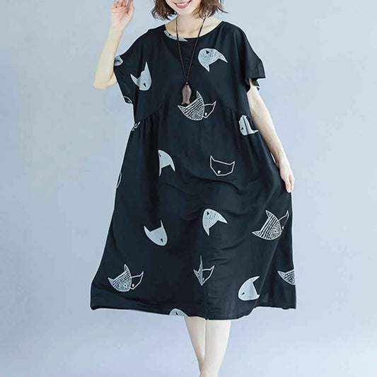 Plus Size Women Loose Dress Cute Cartoon Cat Print O Neck  Short Sleeve Baggy Large Size Oversized Maxi Dress Round Neck