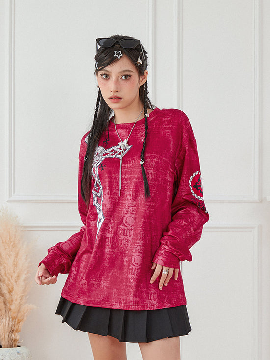 Women s Vintage Graphic Tops Gothic Long Sleeve Round Neck Loose T-Shirts Streetwear Grunge Tops SS69