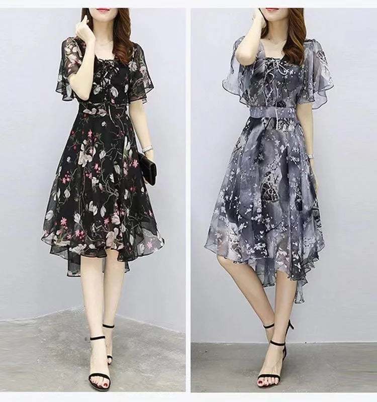 Women floral Chiffon Flower Dress 2026 trends new in Ladies Elegant V Neck short Sleeve korean style Summer Dress Female Clothes