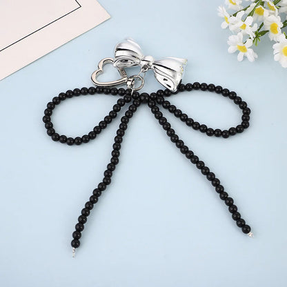 ZAKOL Y2K Korean Cute Beaded Pearl Bowknot Keychain for Women Girls Metal Bow Pendant Bag Decoration Accessories SS69 9.69 Black set 2