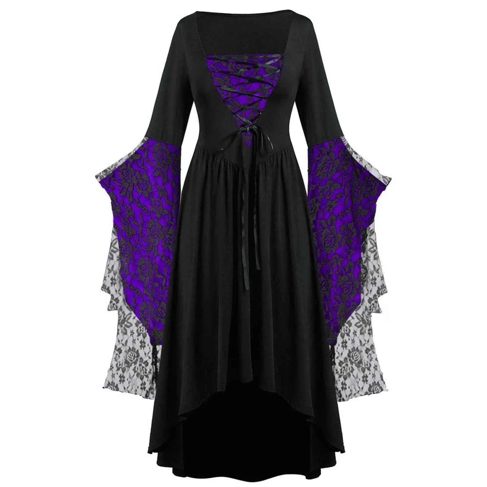 Women Gothic Plus Size Long Dresses Halloween Lace Dress Flare Sleeve Halloween Dresses Cosplay Costume Gothic Clothes For Women