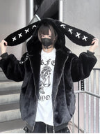 Mauroicardi Women's Black Faux Fur Coat with Bunny Ears