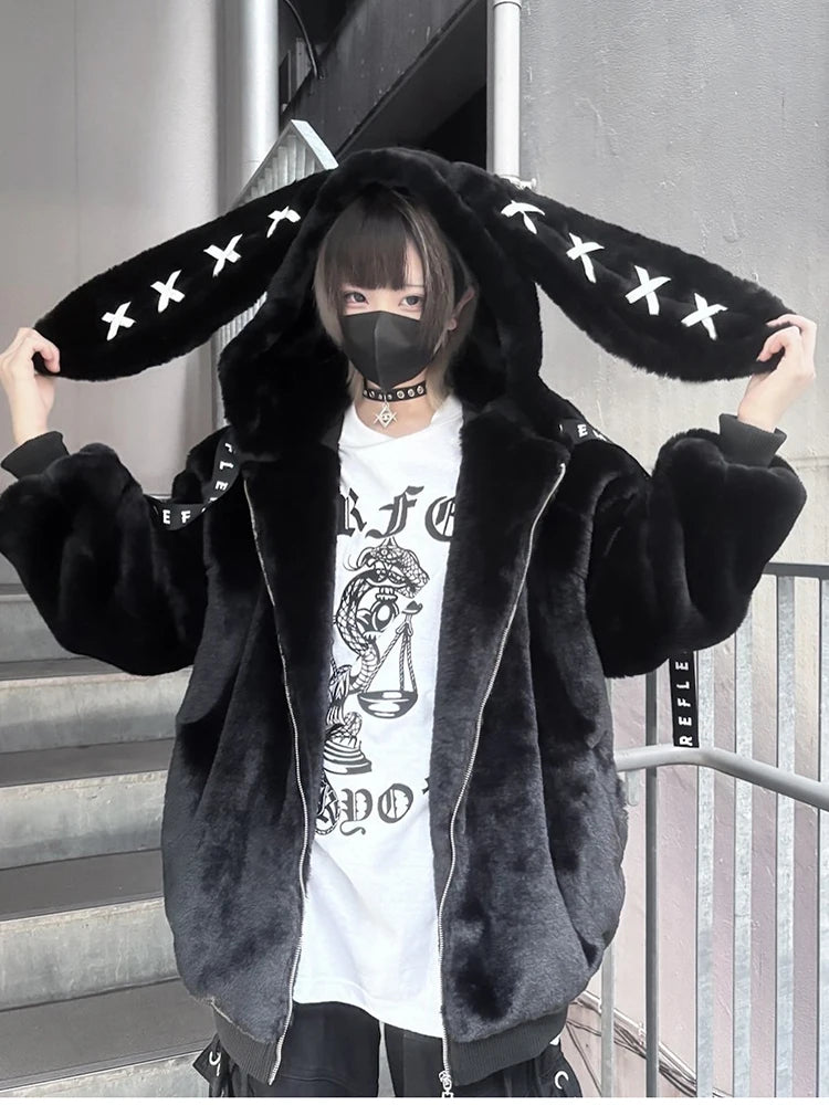 Mauroicardi Women's Black Faux Fur Coat with Bunny Ears