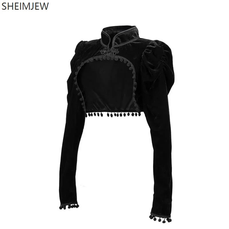 Medieval Steampunk Jacket Black Tassel Stand Collar Short Top Women Gothic Coat Navel-exposed Long Sleeve Retro Slim Fit Coats SS69