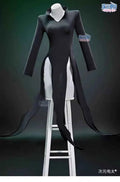 Black Terrible Tornado Tatsumaki anime cosplay dress with high slits on a white mannequin.